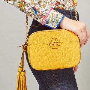 Tory Burch Camera Bag Mustard Yellow Pebbled Leather Crossbody with Tassel